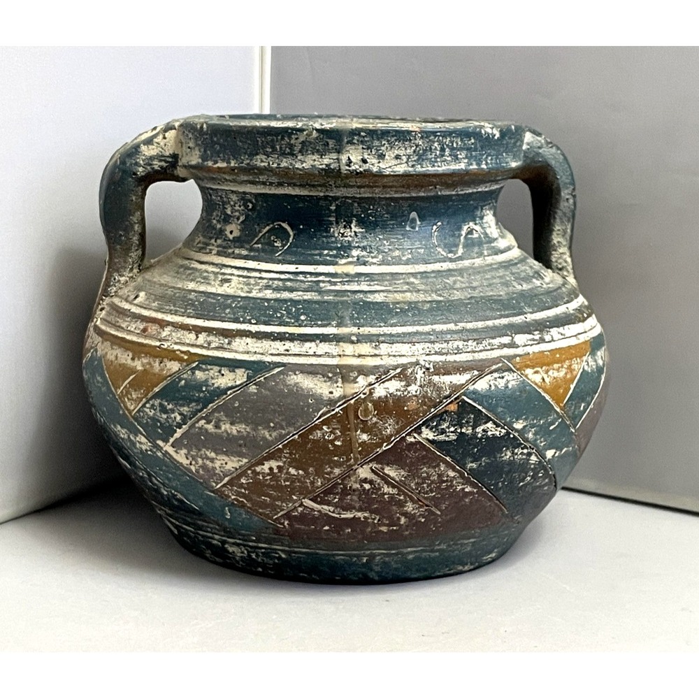 Vintage Rustic Earthenware Pot Two Handle Multicolor Geometric Boho Decor